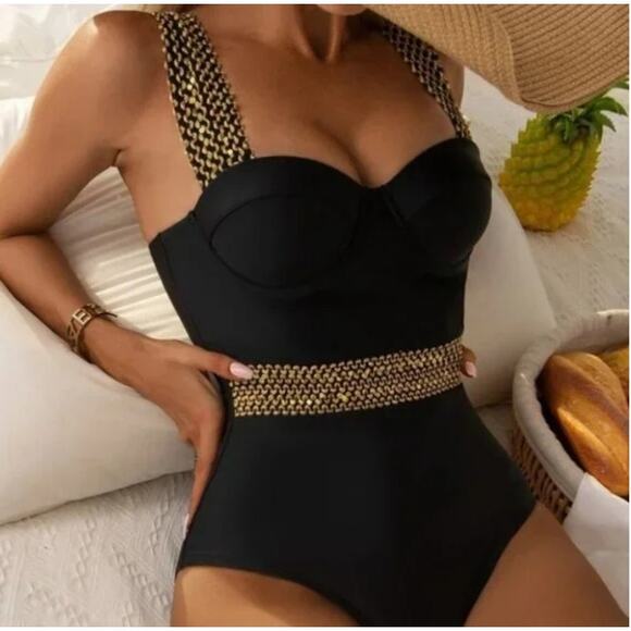 Black Push Up One Piece Swimsuit Sz XL Gold Sequin Wide Strap PUSHUP Padded Luxe - Picture 2 of 16